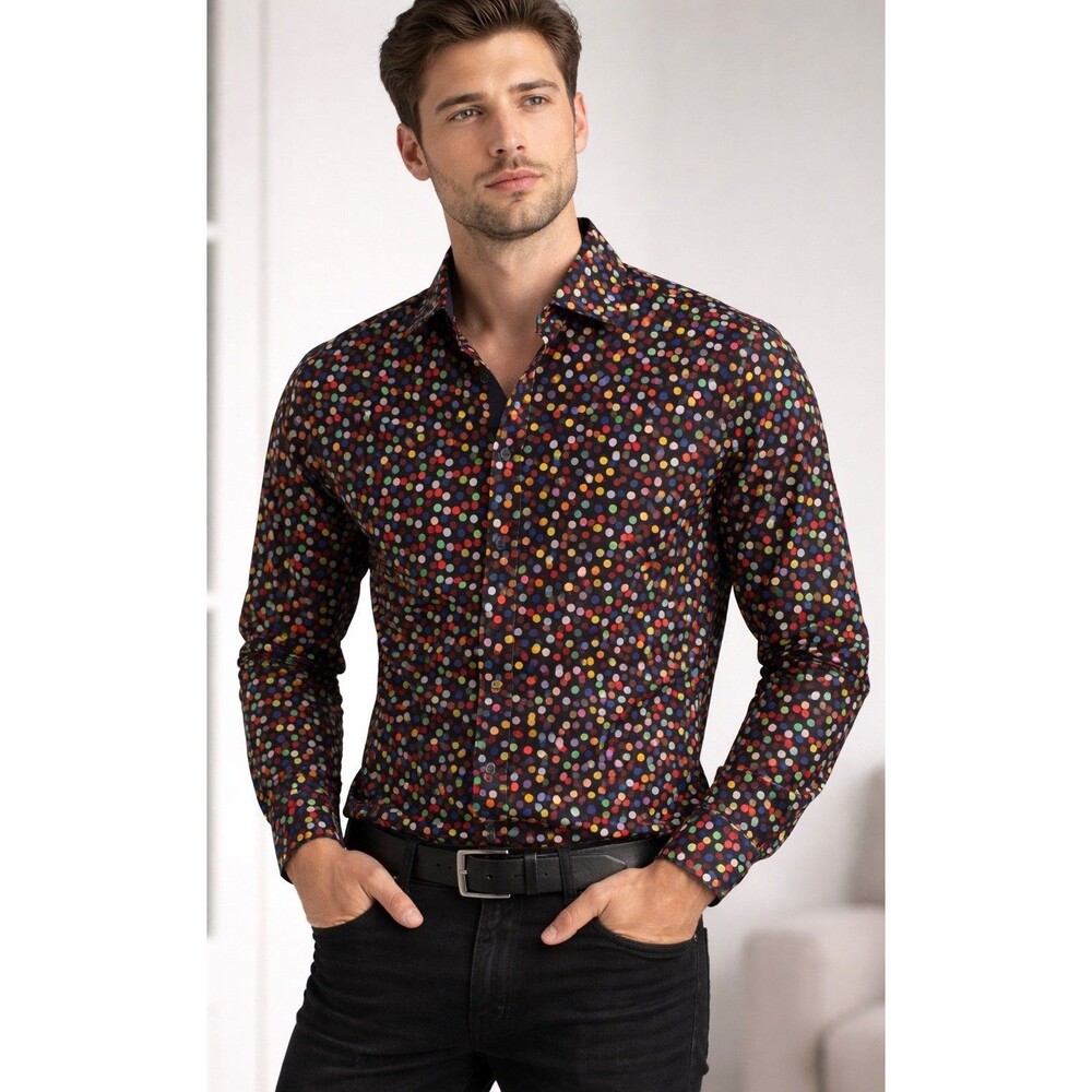 Steven Land Slim Fit Multicolor Polka Dot Cotton Long Sleeve Shirt Size 16 1/2
